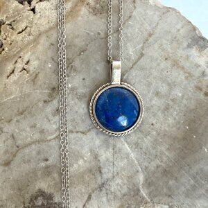 950 Silver Dainty Round Lapis Lazuli Pendant Cabochon Necklace 18" Cable Chain